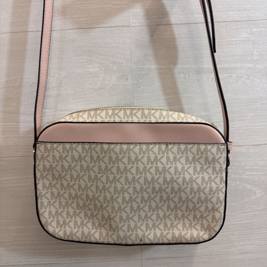 Michael Kors White/ Pink Signature Logo Jet Set Crossbody Purse