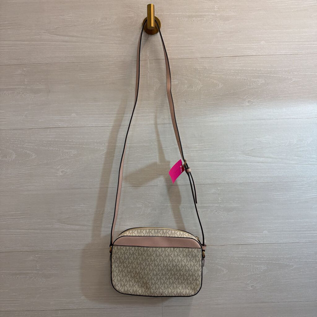 Michael Kors White/ Pink Signature Logo Jet Set Crossbody Purse