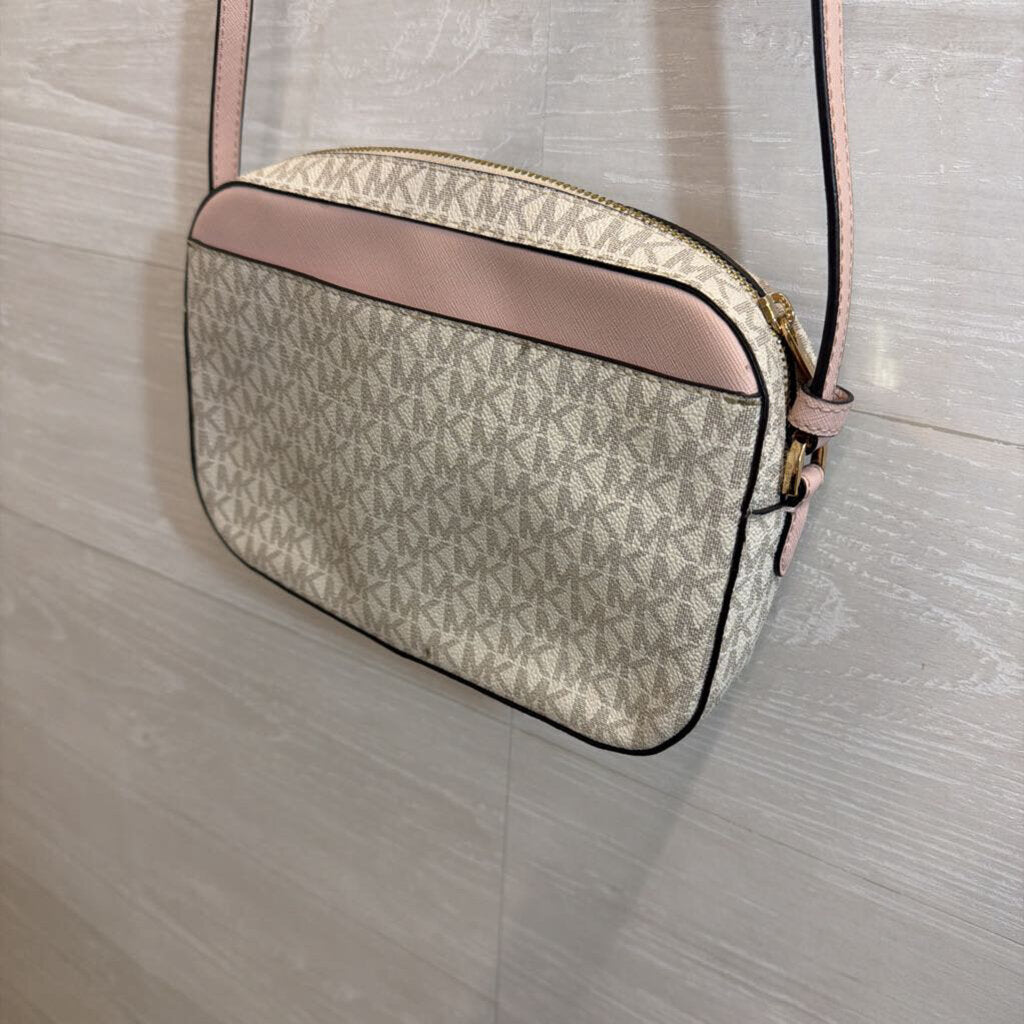 Michael Kors White/ Pink Signature Logo Jet Set Crossbody Purse
