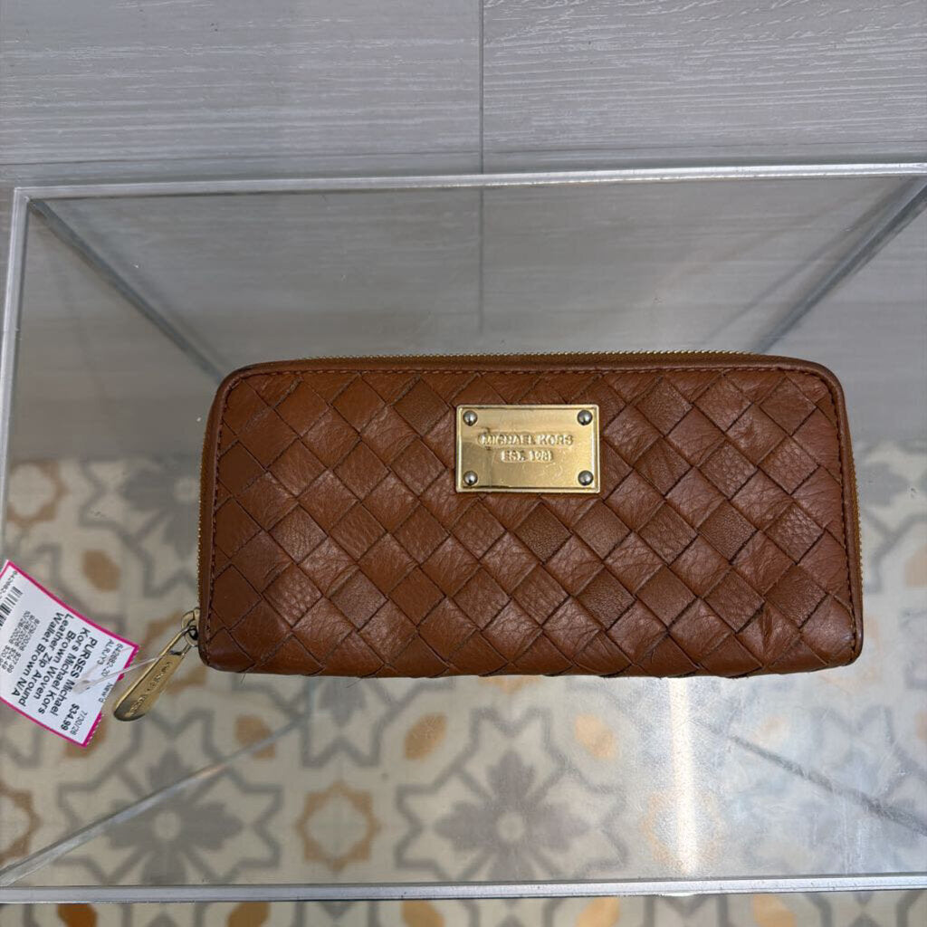 Michael Kors Brown Woven Leather Zip Around Wallet