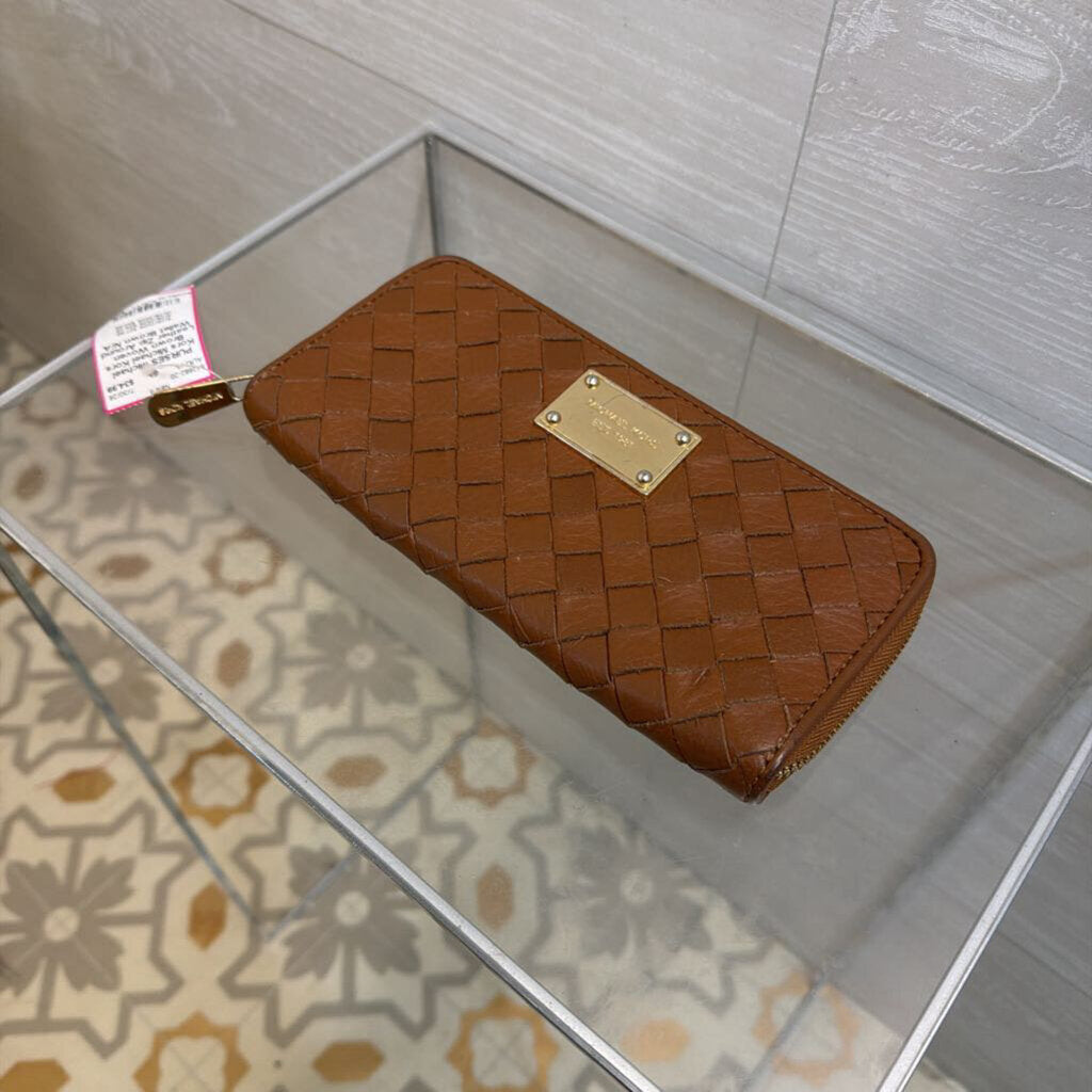 Michael Kors Brown Woven Leather Zip Around Wallet