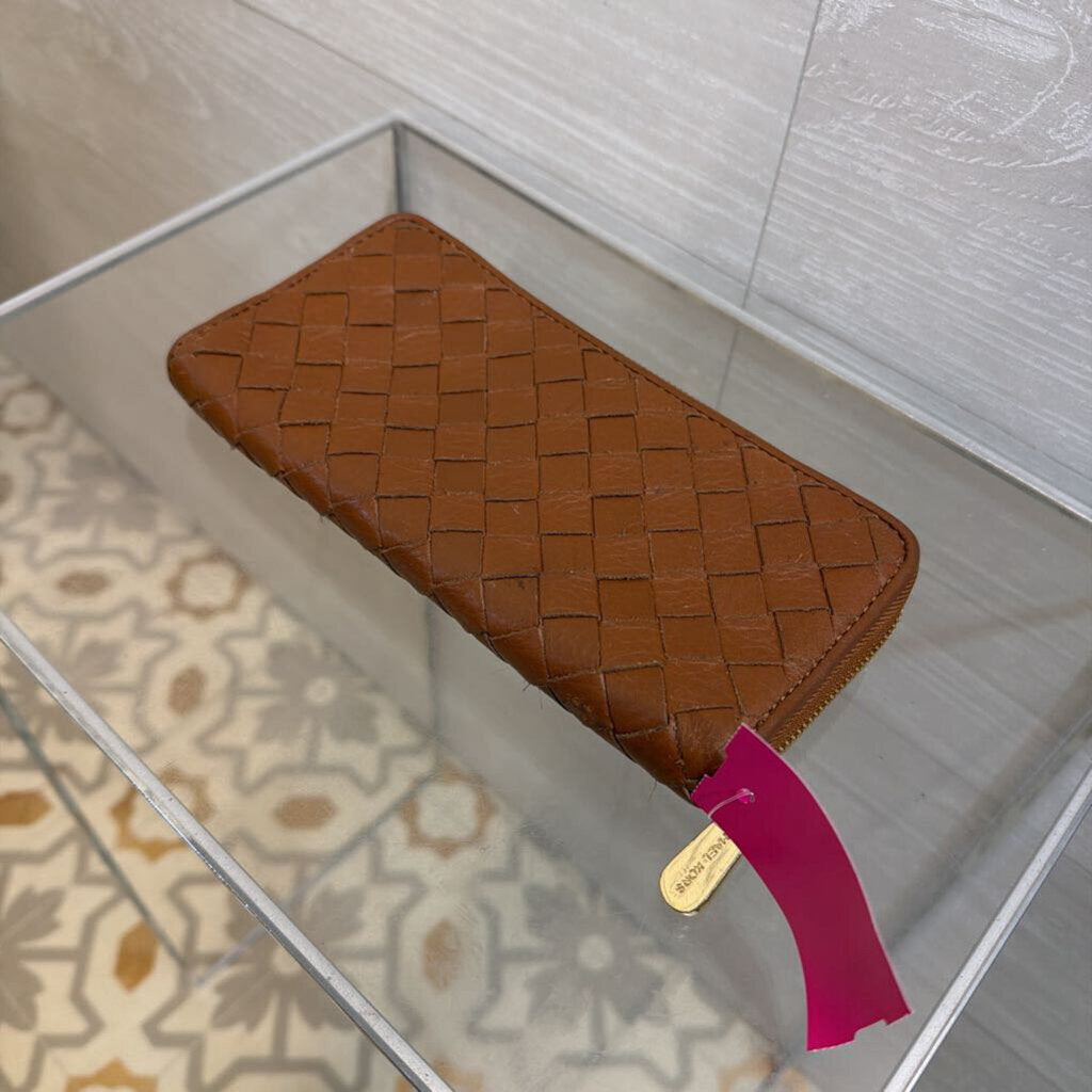Michael Kors Brown Woven Leather Zip Around Wallet