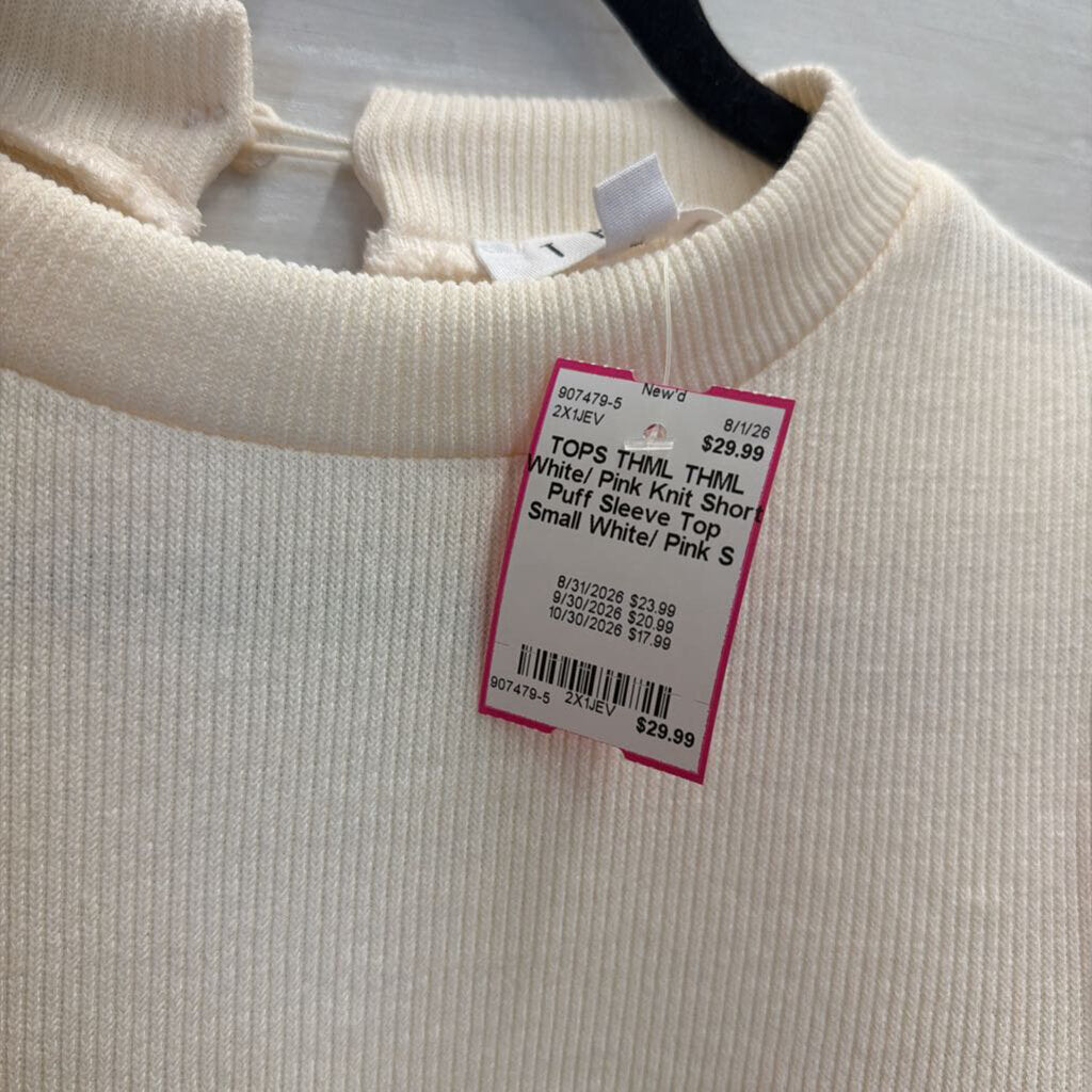 THML White/ Pink Knit Short Puff Sleeve Top Small