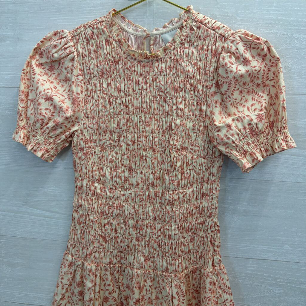Reformation Cream/ Pink Leannah Smocked Short Sleeve Dress 4