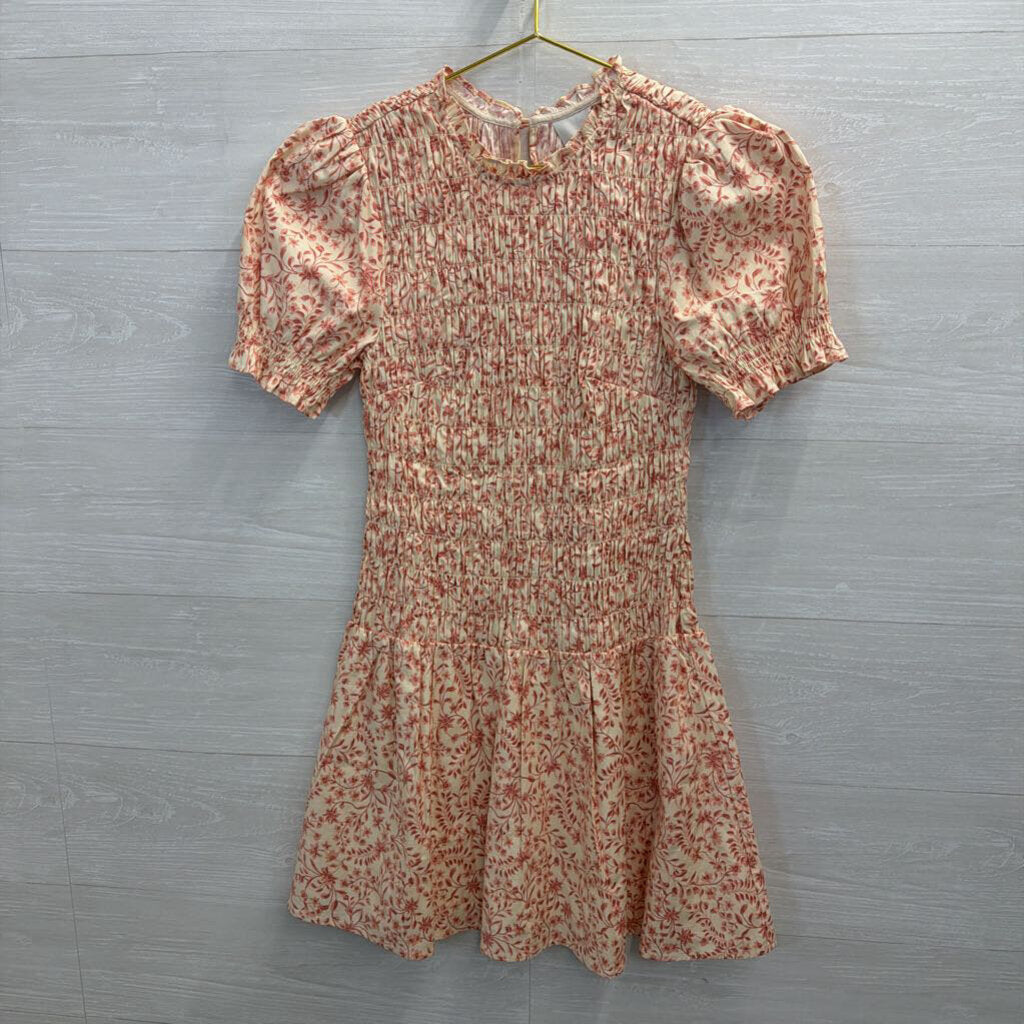 Reformation Cream/ Pink Leannah Smocked Short Sleeve Dress 4