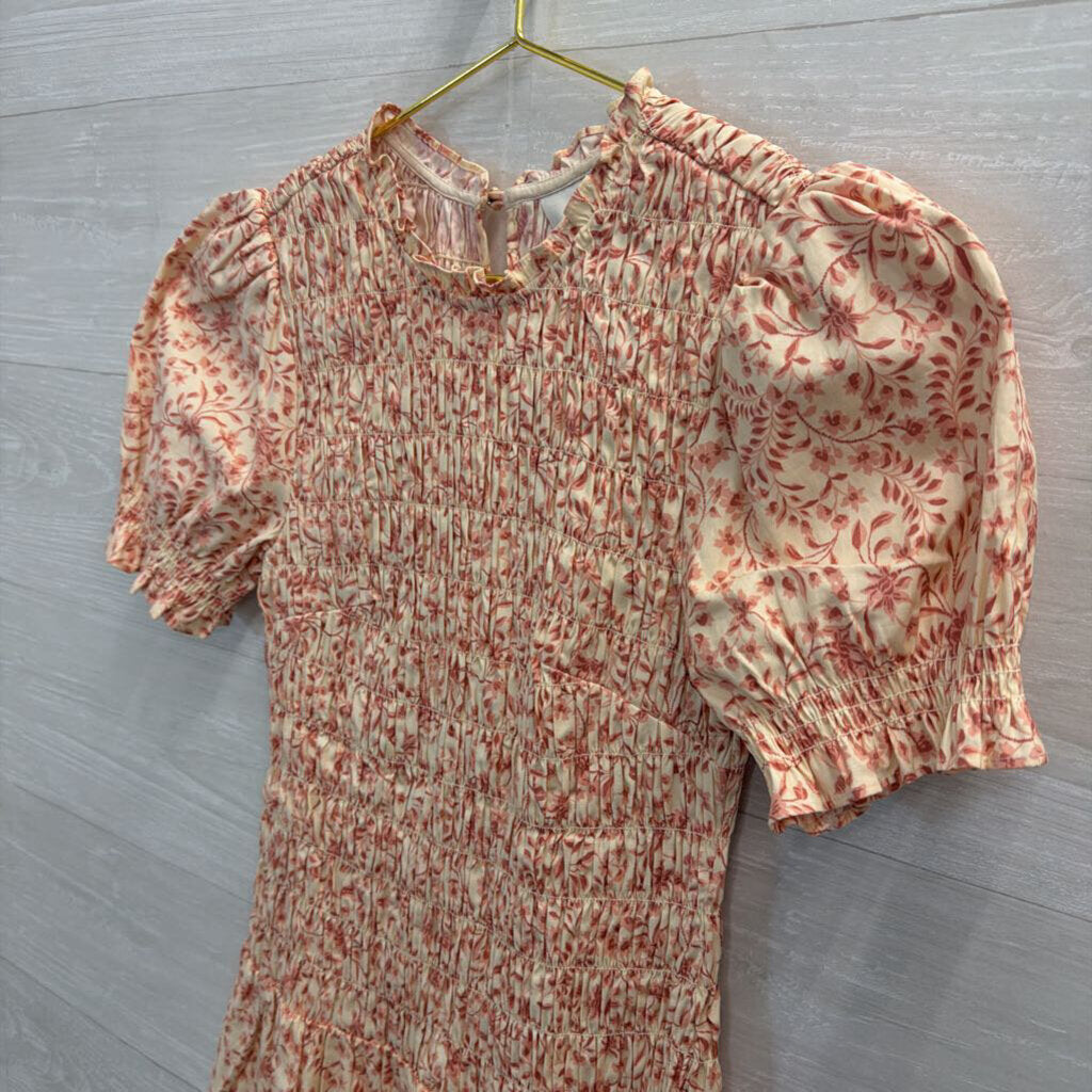 Reformation Cream/ Pink Leannah Smocked Short Sleeve Dress 4
