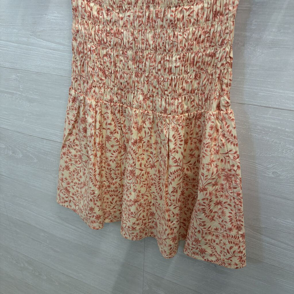 Reformation Cream/ Pink Leannah Smocked Short Sleeve Dress 4