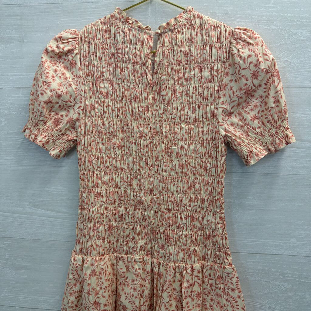 Reformation Cream/ Pink Leannah Smocked Short Sleeve Dress 4