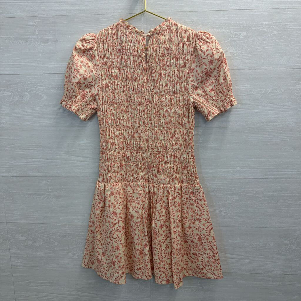 Reformation Cream/ Pink Leannah Smocked Short Sleeve Dress 4