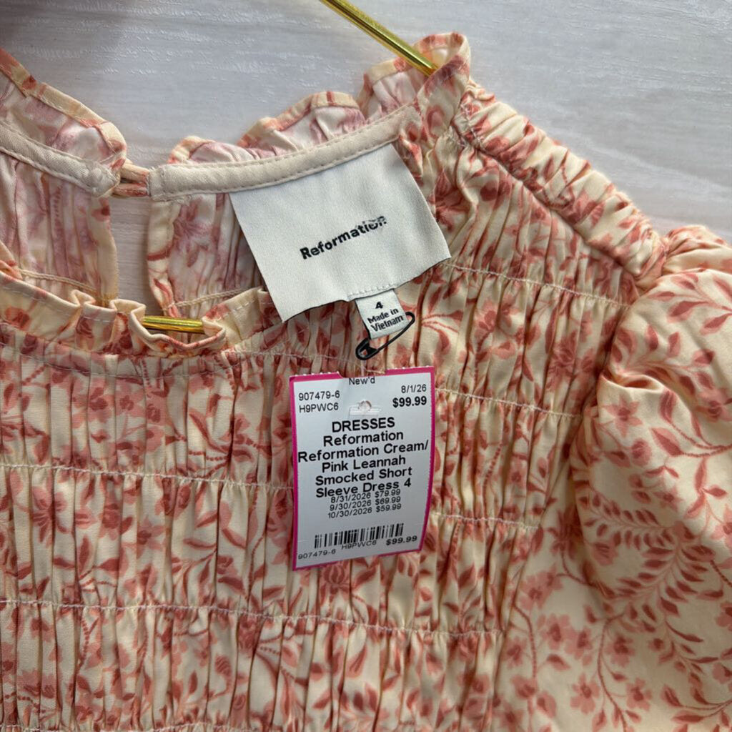 Reformation Cream/ Pink Leannah Smocked Short Sleeve Dress 4