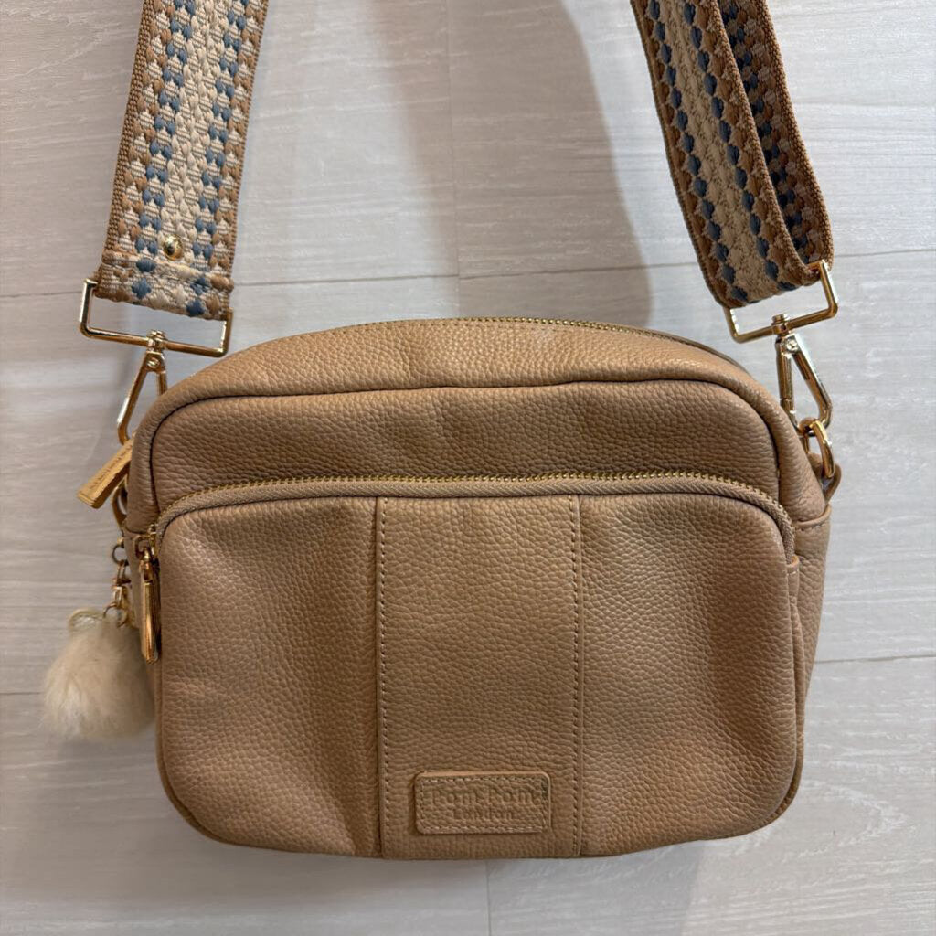 Pom Pom London Beige Leather Woven Strap Crossbody Purse