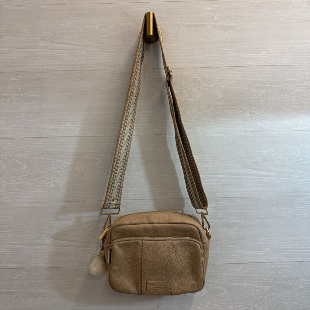 Pom Pom London Beige Leather Woven Strap Crossbody Purse