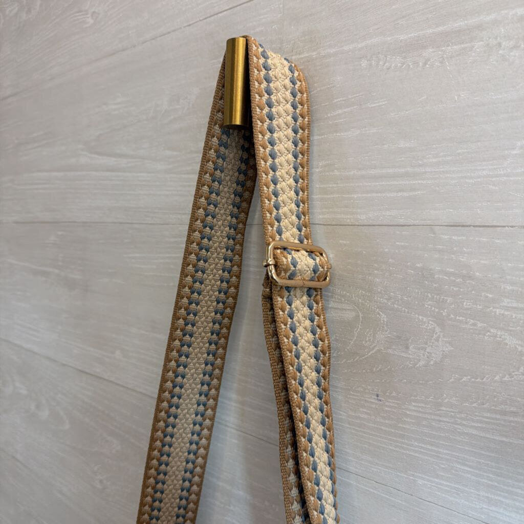 Pom Pom London Beige Leather Woven Strap Crossbody Purse