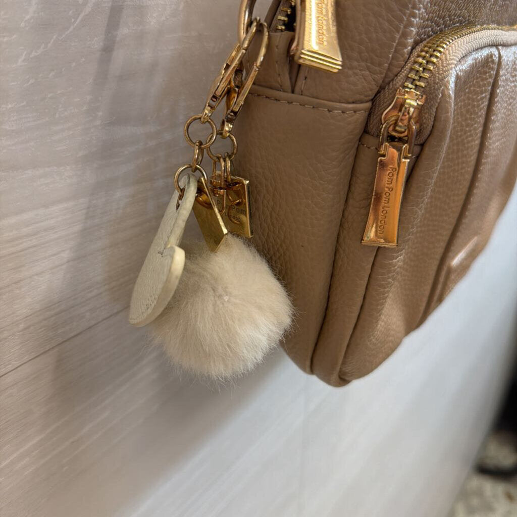 Pom Pom London Beige Leather Woven Strap Crossbody Purse