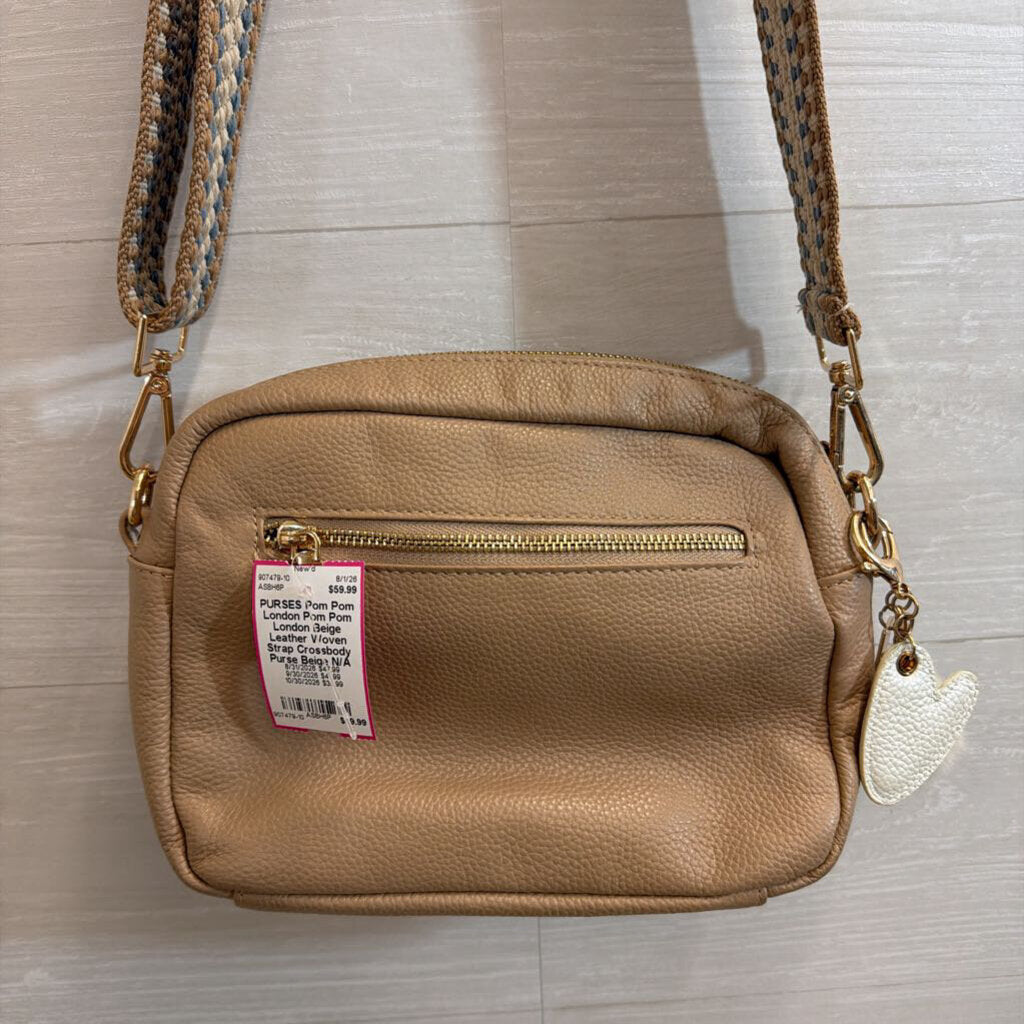 Pom Pom London Beige Leather Woven Strap Crossbody Purse
