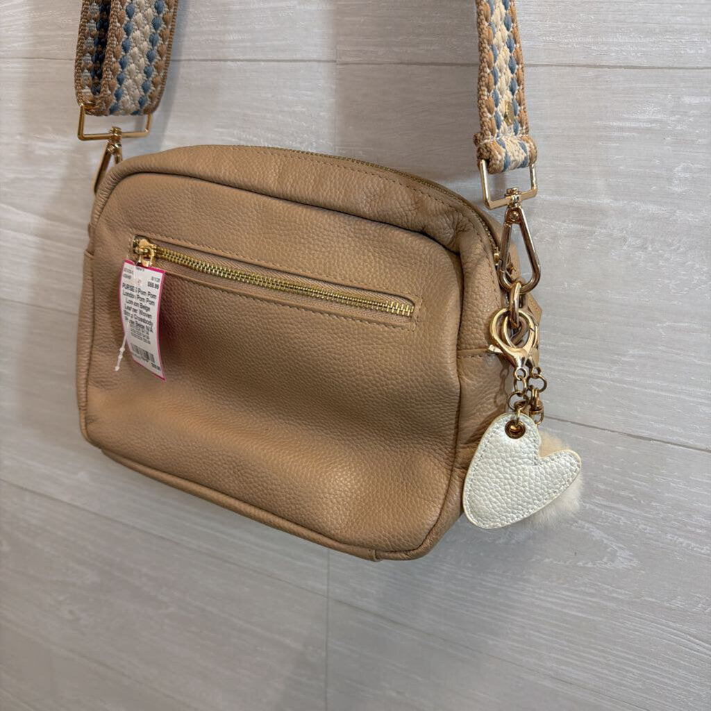 Pom Pom London Beige Leather Woven Strap Crossbody Purse