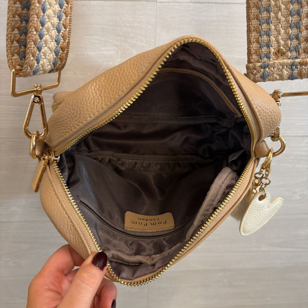 Pom Pom London Beige Leather Woven Strap Crossbody Purse