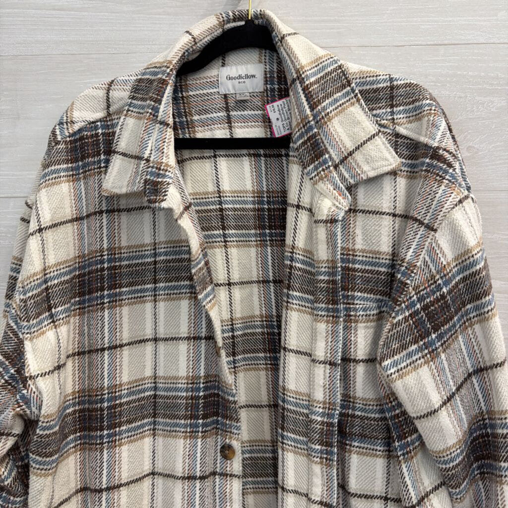 Goodfellow White/ Brown Plaid Long Sleeve Shacket XXL