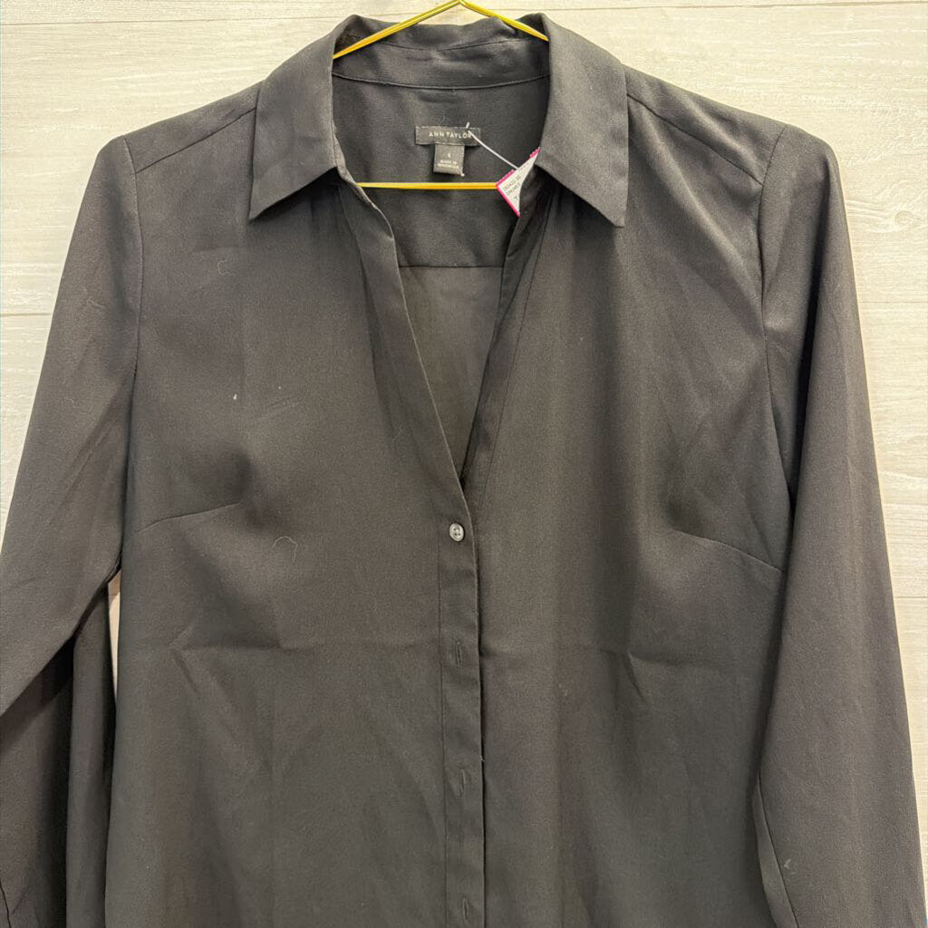 Ann Taylor Black Silky Long Sleeve Button Down Top Small