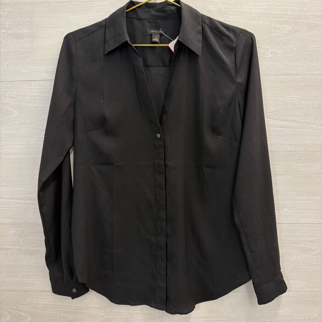 Ann Taylor Black Silky Long Sleeve Button Down Top Small