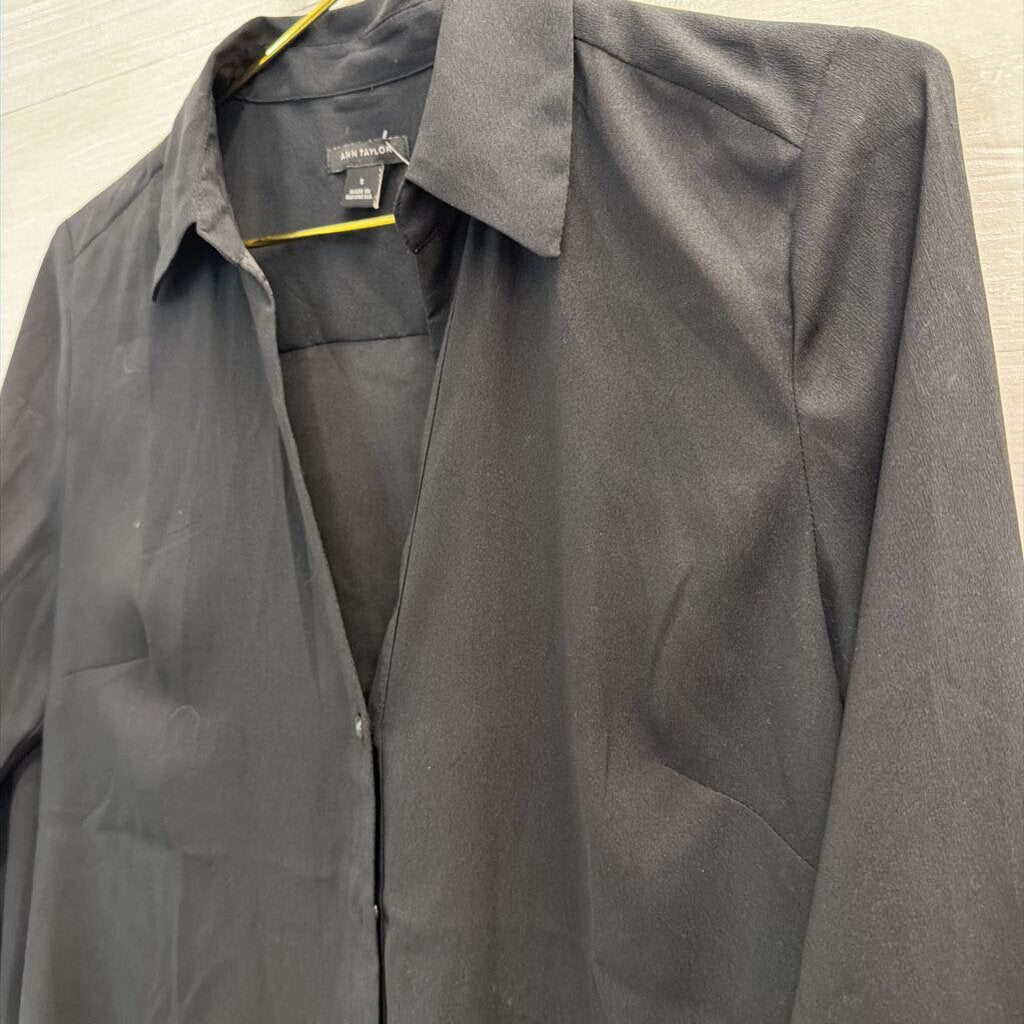 Ann Taylor Black Silky Long Sleeve Button Down Top Small