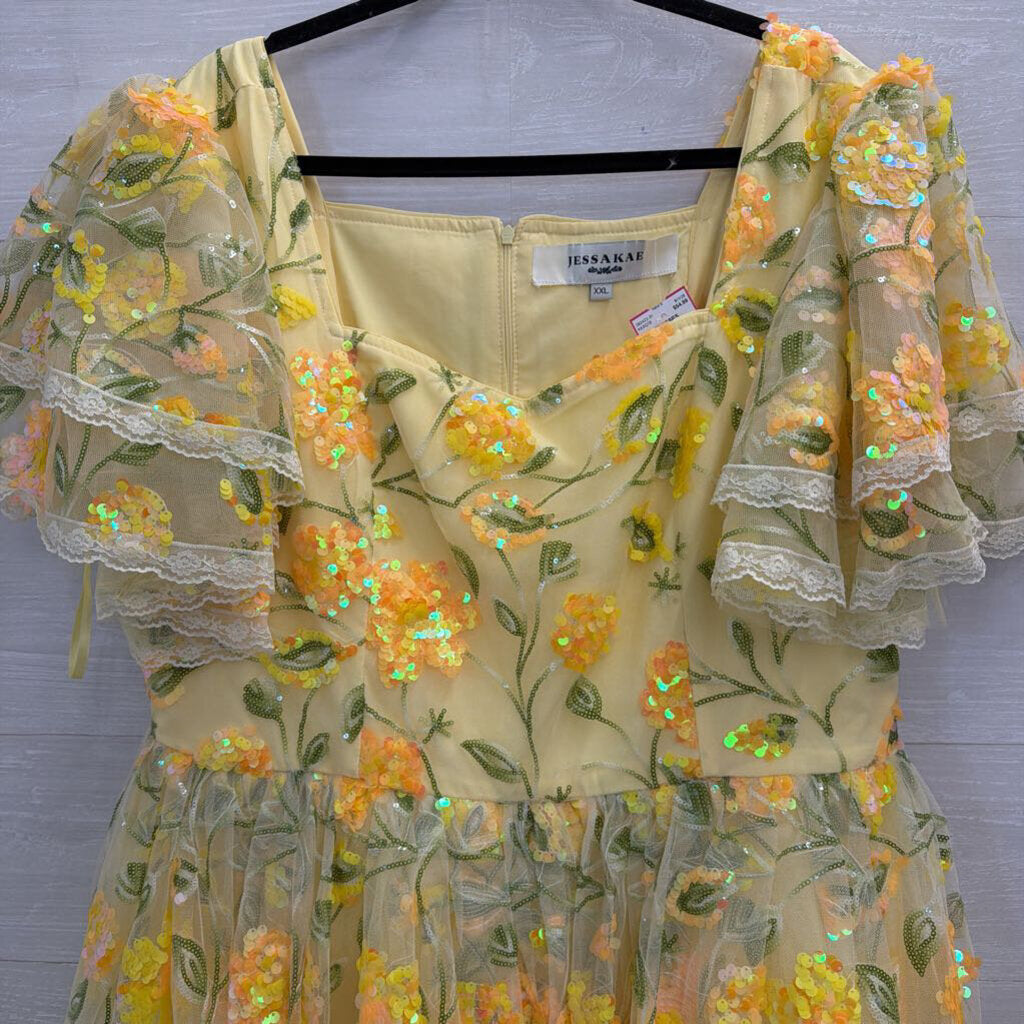 JESSAKAE Yellow Dequin Short Sleeve Dress XXL