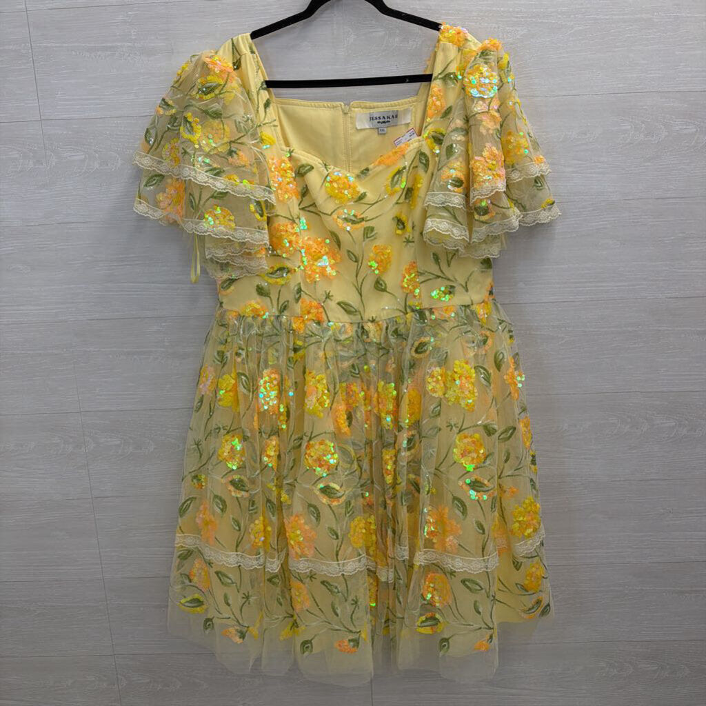 JESSAKAE Yellow Dequin Short Sleeve Dress XXL
