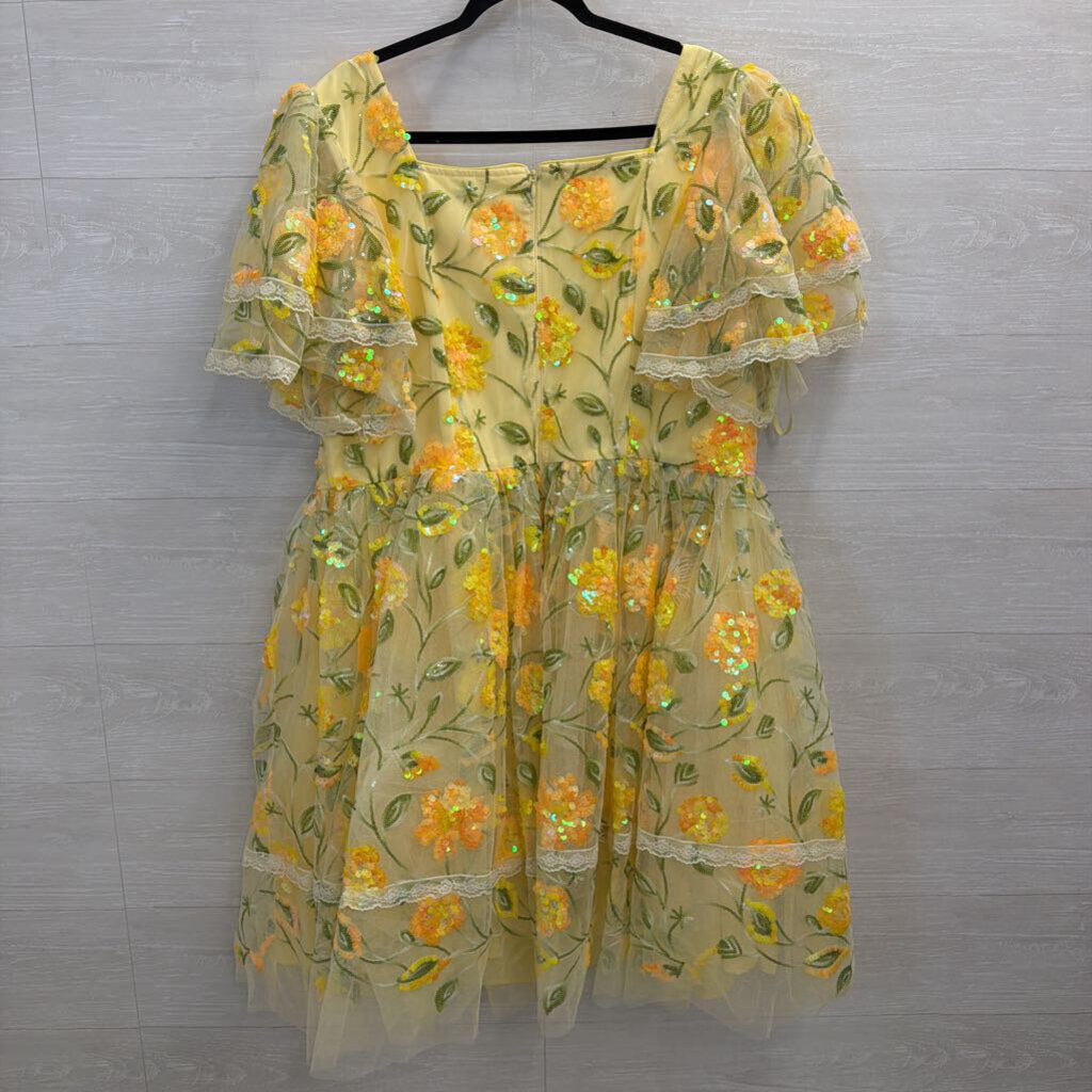 JESSAKAE Yellow Dequin Short Sleeve Dress XXL