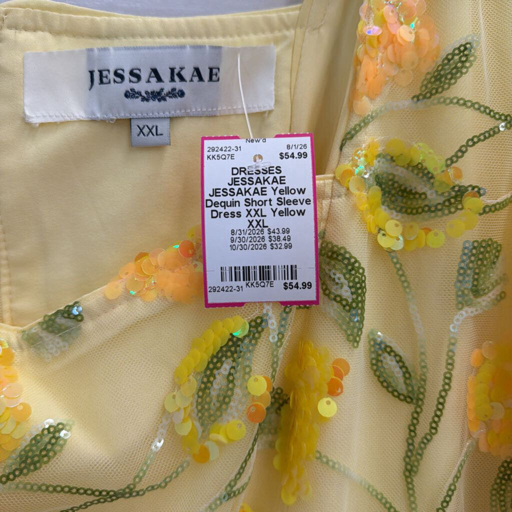 JESSAKAE Yellow Dequin Short Sleeve Dress XXL