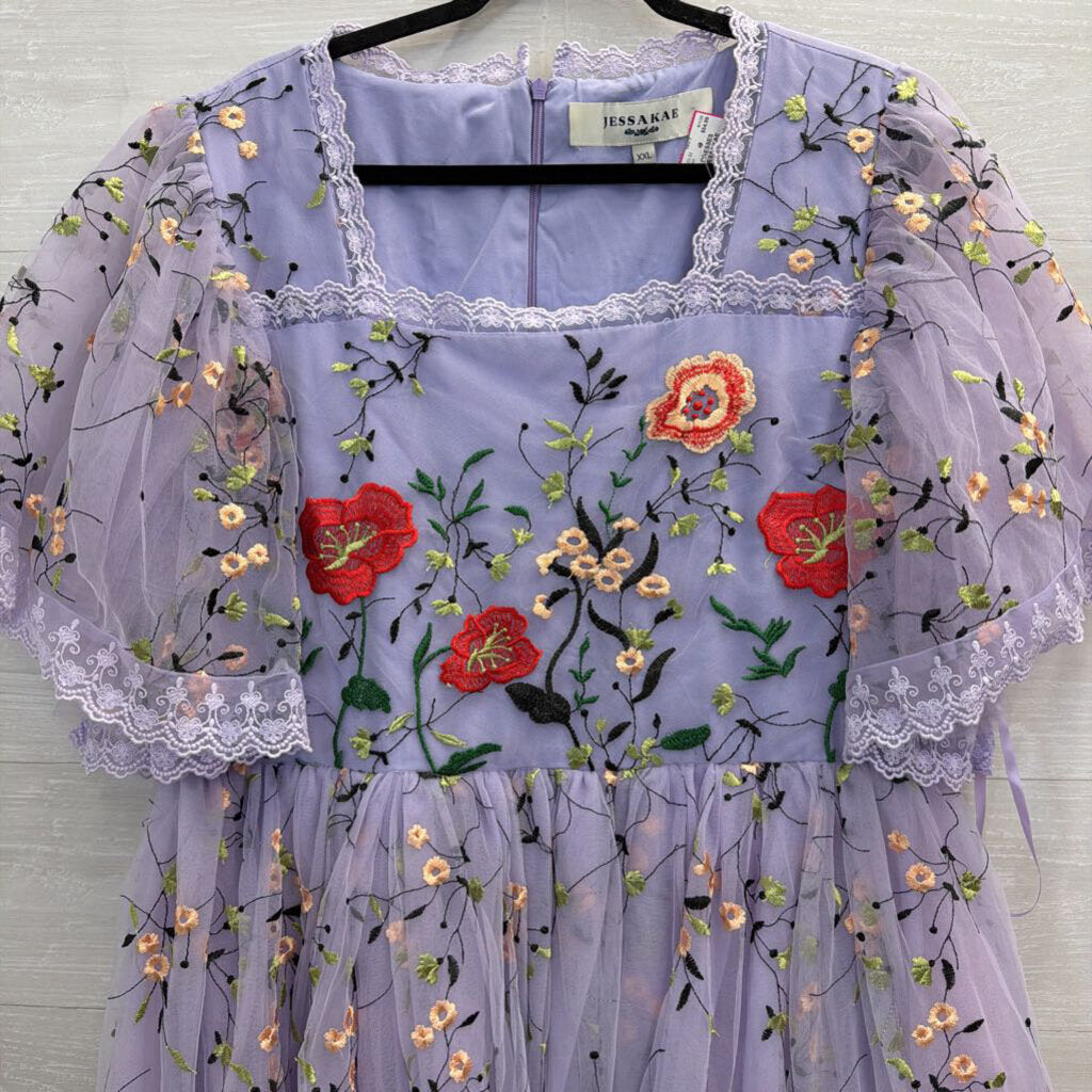 JESSAKAE Purple/ Multi Embroidered Floral Short Sleeve Dress XXL