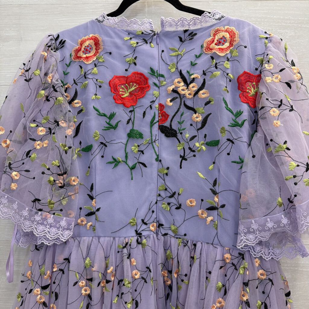 JESSAKAE Purple/ Multi Embroidered Floral Short Sleeve Dress XXL