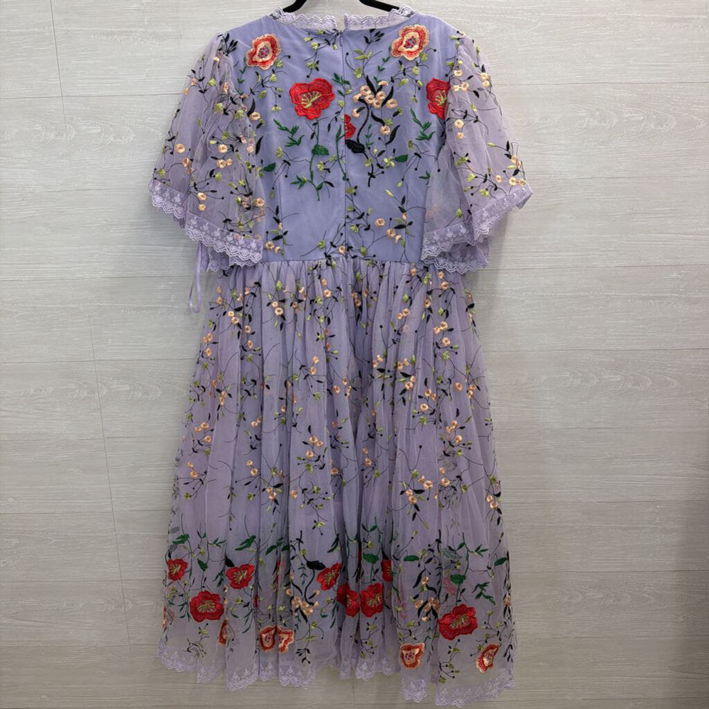 JESSAKAE Purple/ Multi Embroidered Floral Short Sleeve Dress XXL