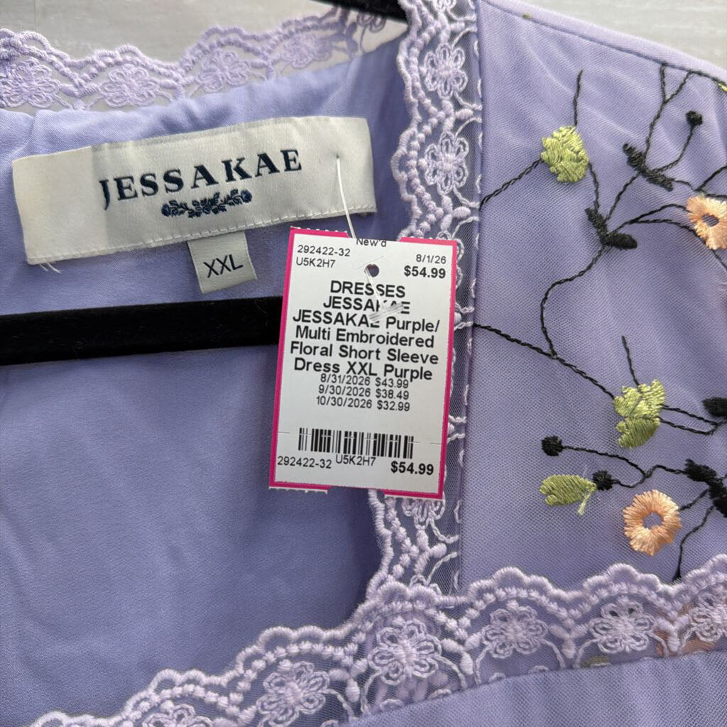 JESSAKAE Purple/ Multi Embroidered Floral Short Sleeve Dress XXL