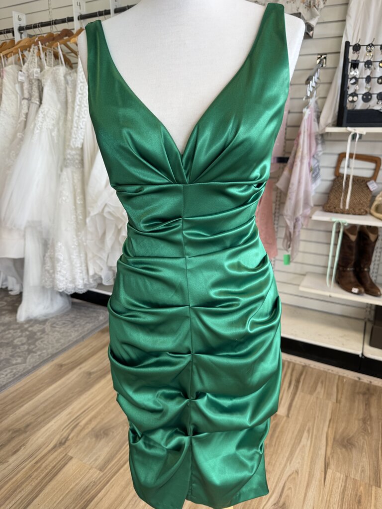 Xscape Green Silky Ruched Short Formal Dress 6