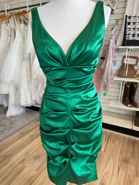 Xscape Green Silky Ruched Short Formal Dress 6