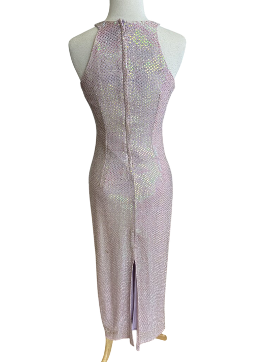 Parker Purple Iridescent Sparkle Detail Hi Neck Long Formal Dress Small