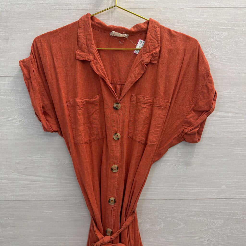 Altar'd State Orange Short Sleeve Button Front Tie Waist Dress Small