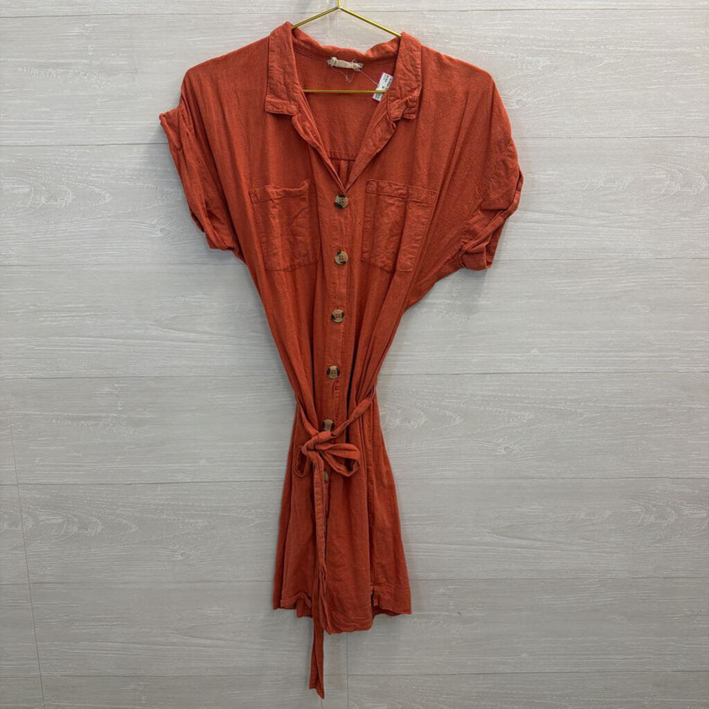 Altar'd State Orange Short Sleeve Button Front Tie Waist Dress Small