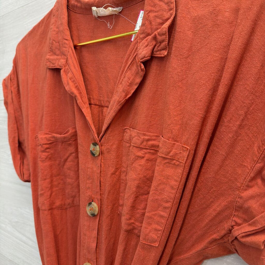 Altar'd State Orange Short Sleeve Button Front Tie Waist Dress Small