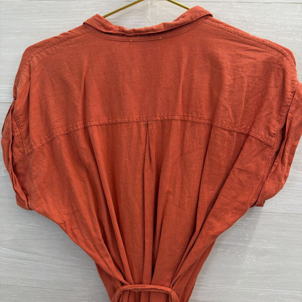 Altar'd State Orange Short Sleeve Button Front Tie Waist Dress Small