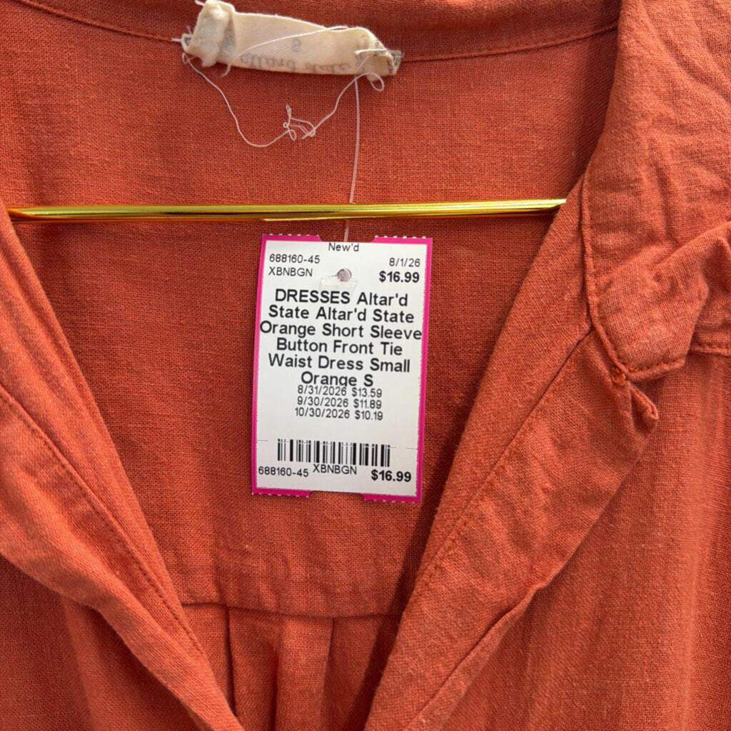 Altar'd State Orange Short Sleeve Button Front Tie Waist Dress Small
