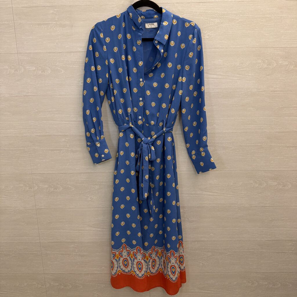 Untuckit Blue/ White Print Long Sleeve Tie Waist Midi Dress 4
