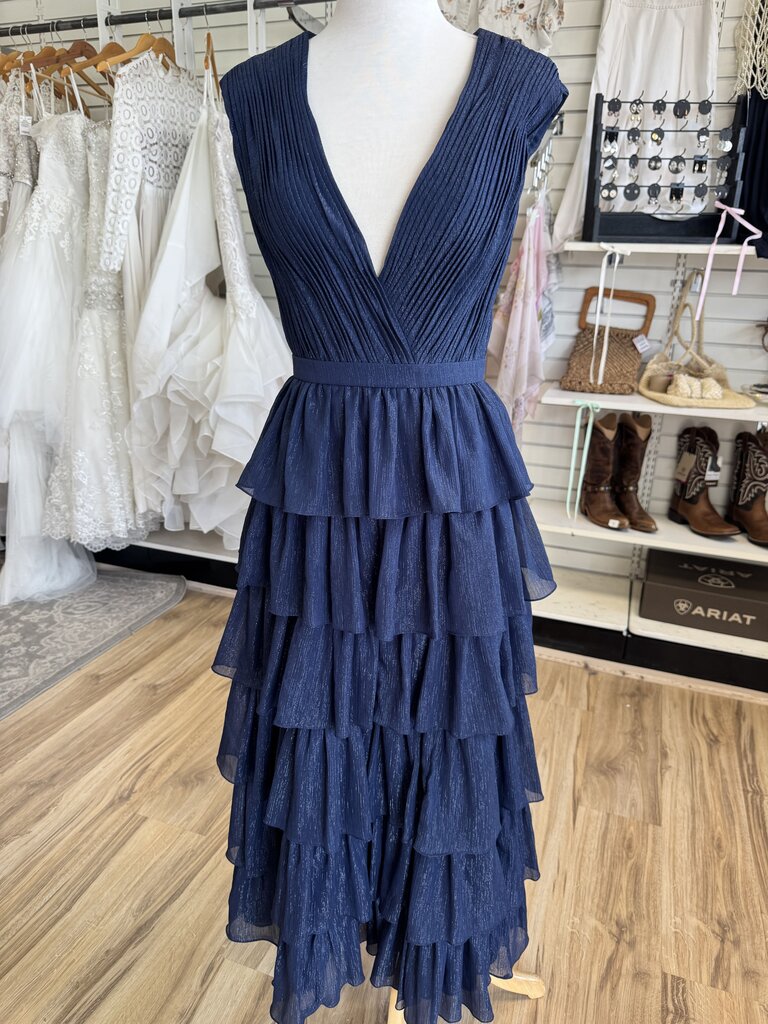 Ieena for Mac Duggal Navy/ Silver Shimmer Pleated Layered Sleeveless Long Formal Dress 2