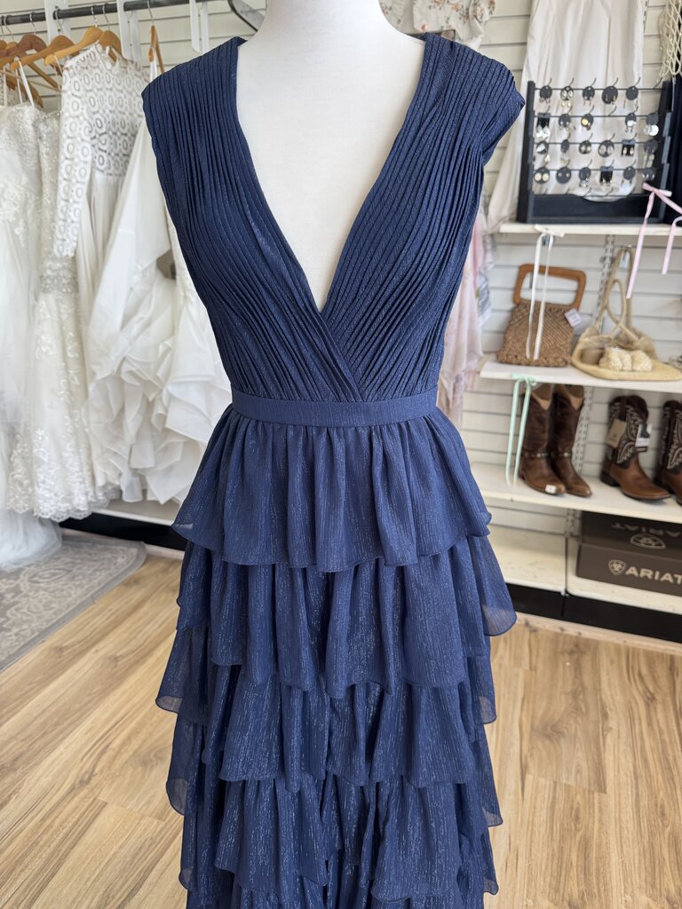 Ieena for Mac Duggal Navy/ Silver Shimmer Pleated Layered Sleeveless Long Formal Dress 2