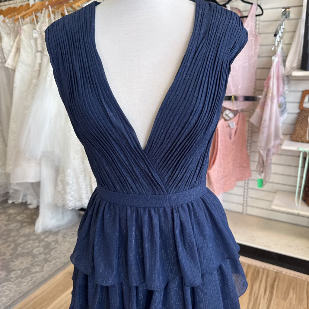 Ieena for Mac Duggal Navy/ Silver Shimmer Pleated Layered Sleeveless Long Formal Dress 2