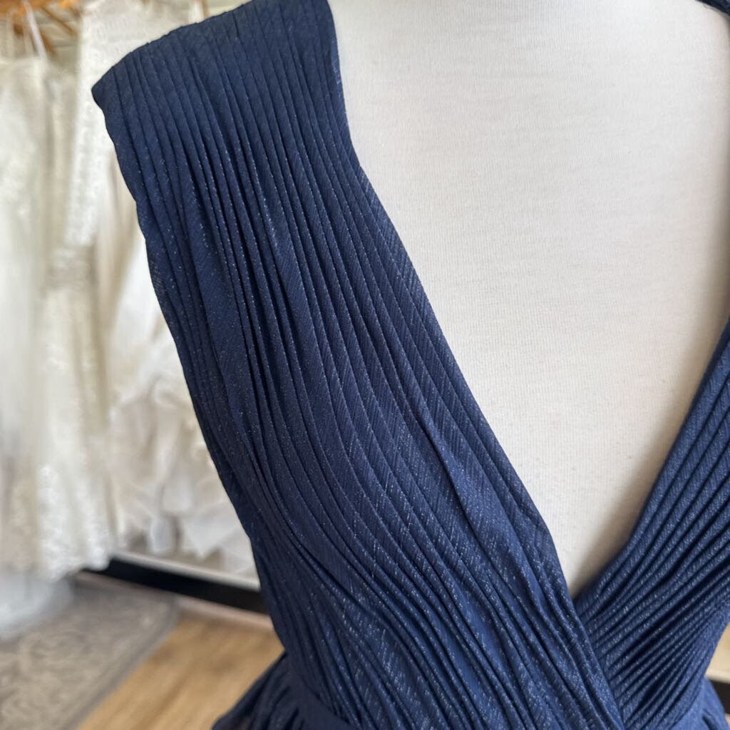 Ieena for Mac Duggal Navy/ Silver Shimmer Pleated Layered Sleeveless Long Formal Dress 2