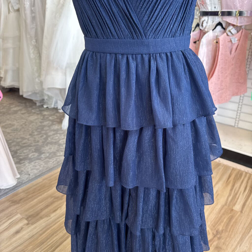 Ieena for Mac Duggal Navy/ Silver Shimmer Pleated Layered Sleeveless Long Formal Dress 2