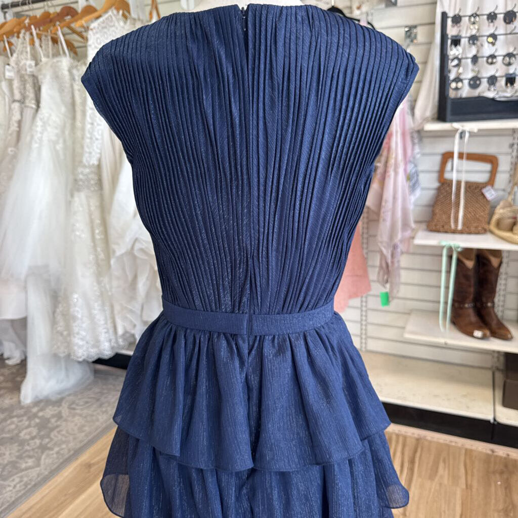 Ieena for Mac Duggal Navy/ Silver Shimmer Pleated Layered Sleeveless Long Formal Dress 2