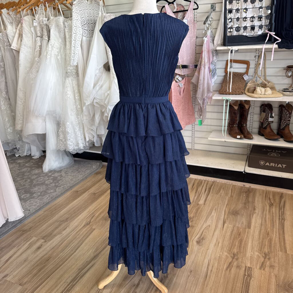 Ieena for Mac Duggal Navy/ Silver Shimmer Pleated Layered Sleeveless Long Formal Dress 2