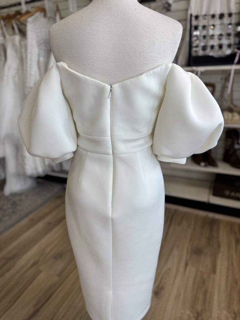 Badgley Mischka Ivory Short Puff Sleeve Midi Formal Dress 6